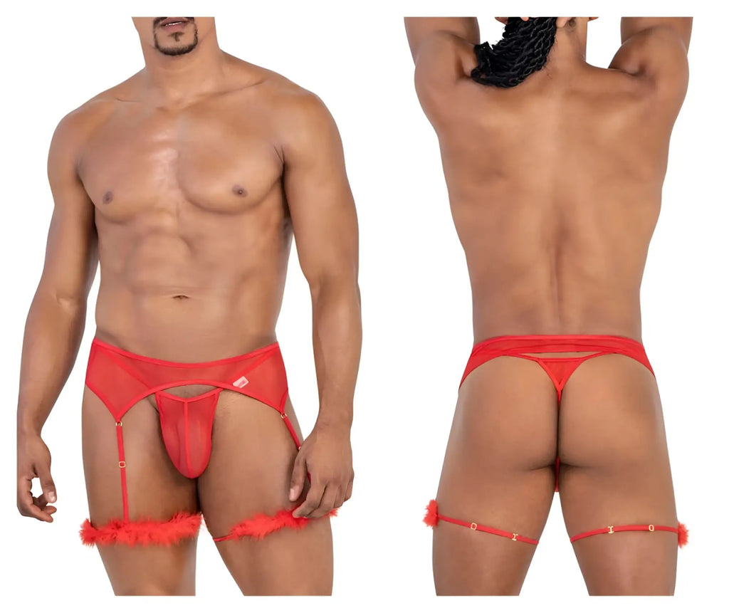Candyman 99806 red mesh garter outfit for men with sheer fabric feather trim and adjustable straps