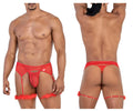 Candyman 99806 red mesh garter outfit for men with sheer fabric feather trim and adjustable straps
