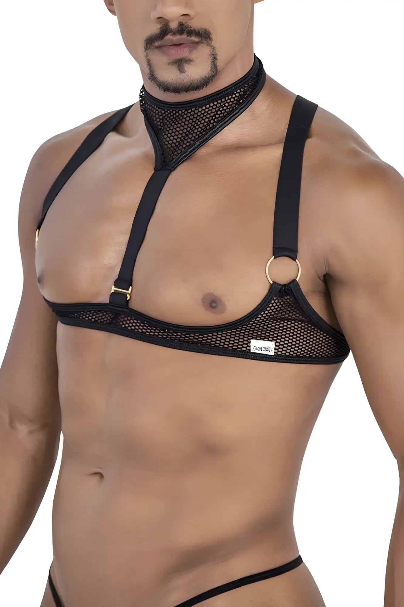Black mesh harness candyman 99809 with adjustable straps and gold-toned metal rings in black color