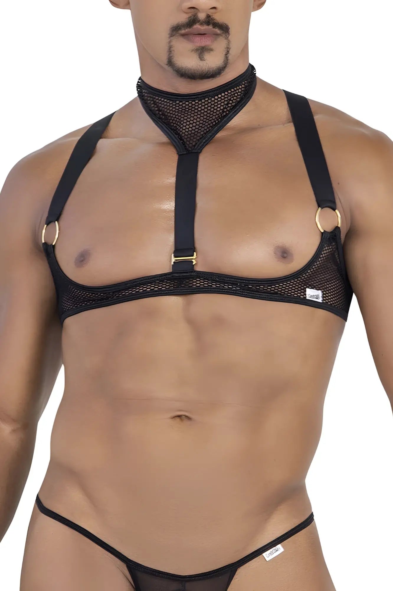 CandyMan 99809 black mesh harness with gold toned metal rings and adjustable straps shown from the back side