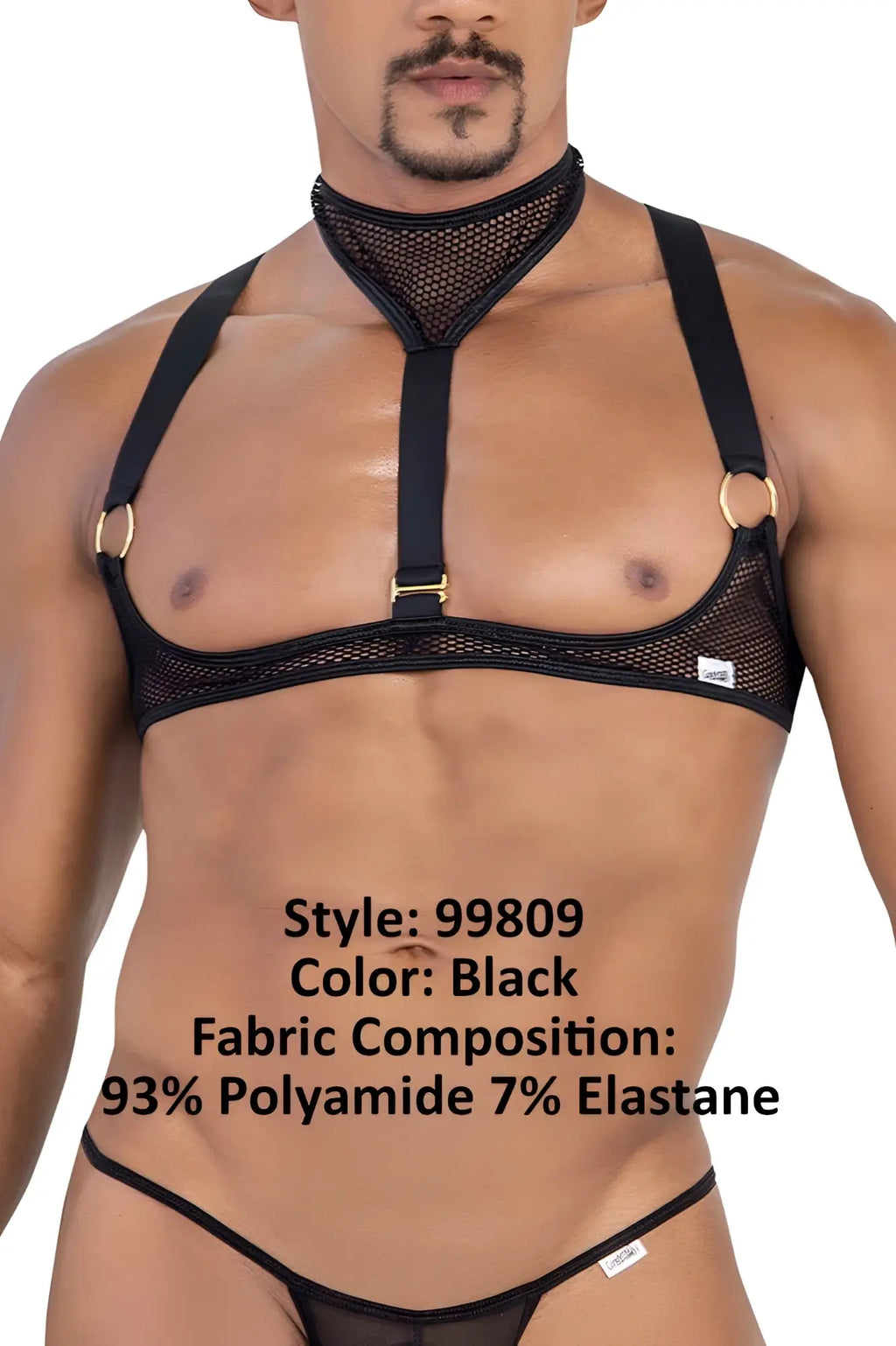 Black mesh harness candyman 99809 with gold toned metal rings and adjustable straps in black color