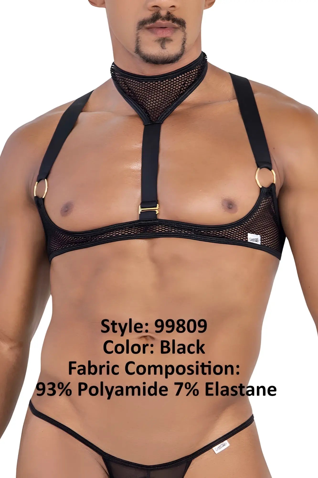 Black mesh harness candyman 99809 with gold toned metal rings and adjustable straps in black color