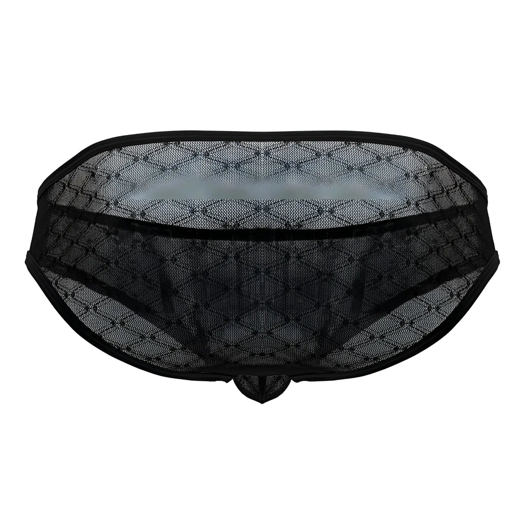 CandyMan 99812 mesh briefs in black featuring diamond-patterned lace mesh and solid black trim detail