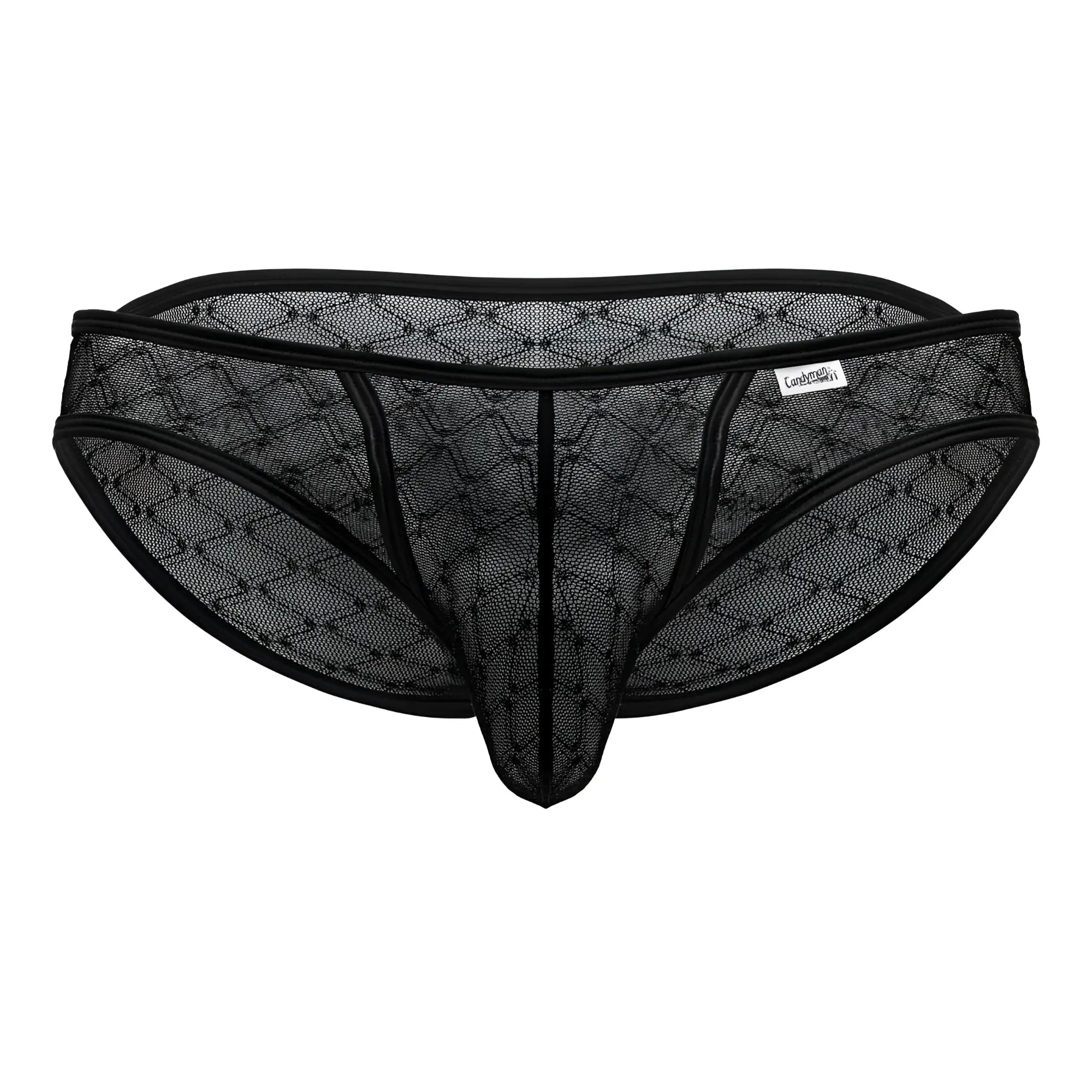 CandyMan 99812 black mesh thong with diamond pattern and reinforced elastic waistband front view