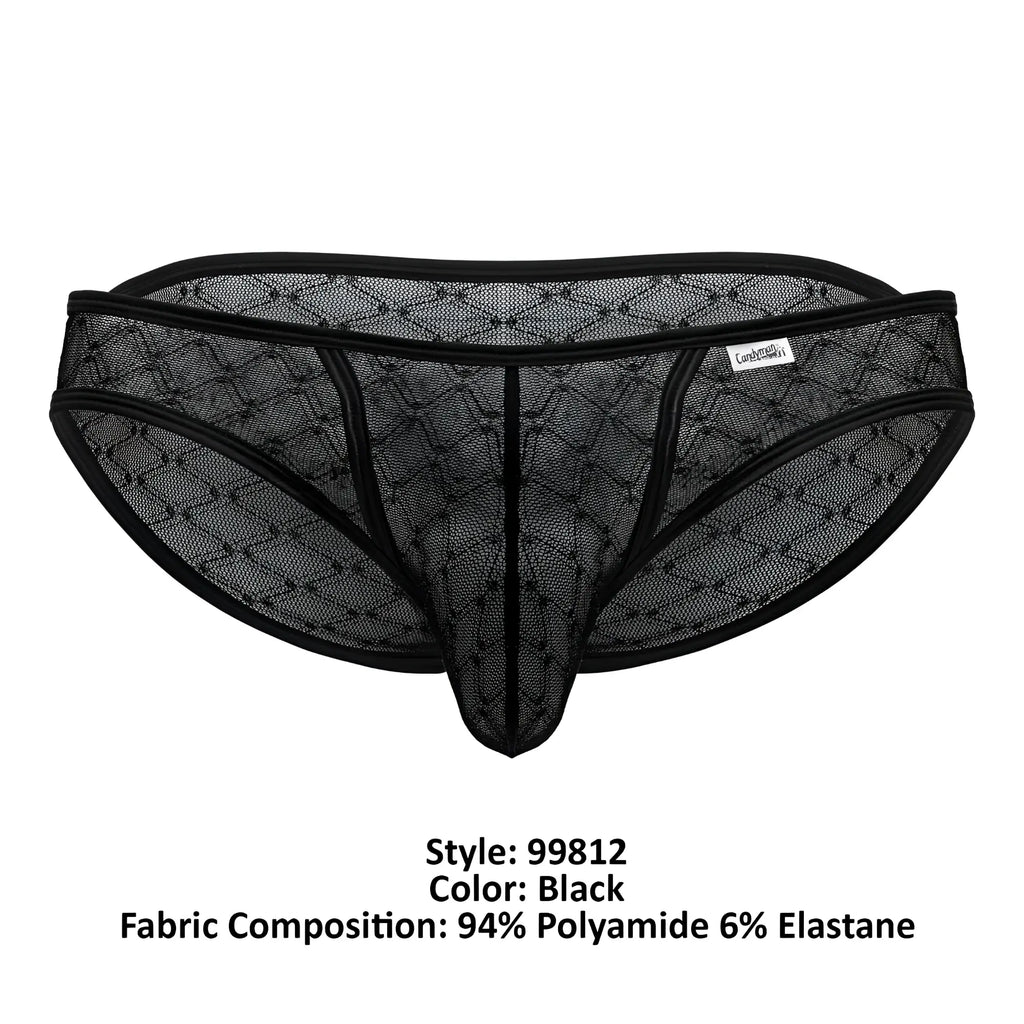 Candyman 99812 black mesh thong with diamond pattern and reinforced elastic waistband front view