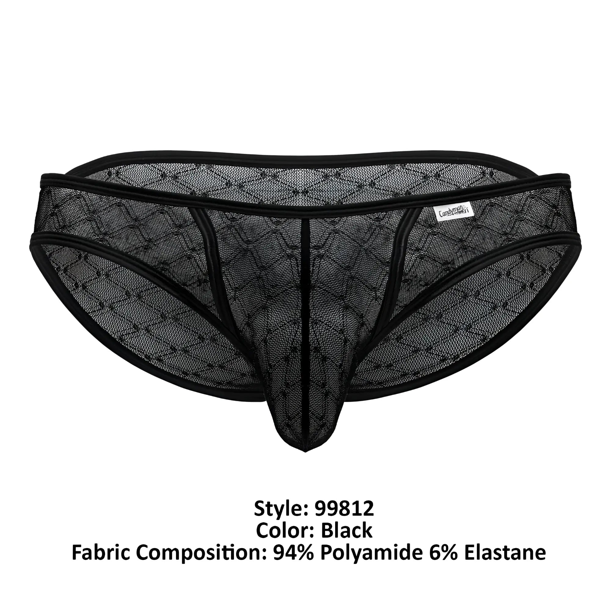 Candyman 99812 black mesh thong with diamond pattern and reinforced elastic waistband front view