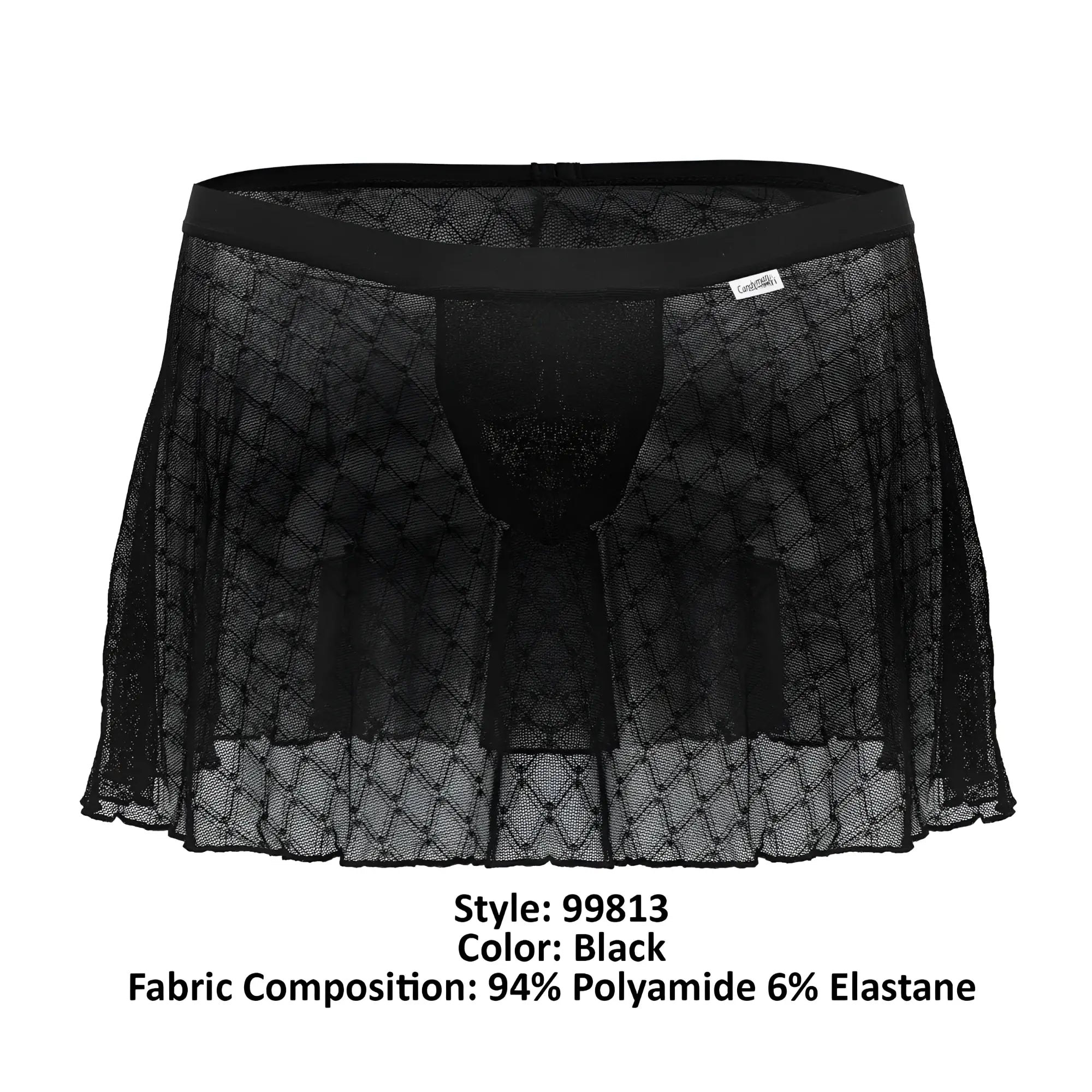 CandyMan 99813 black sheer mesh skirt with diamond pattern and elastic waistband for stylish layering