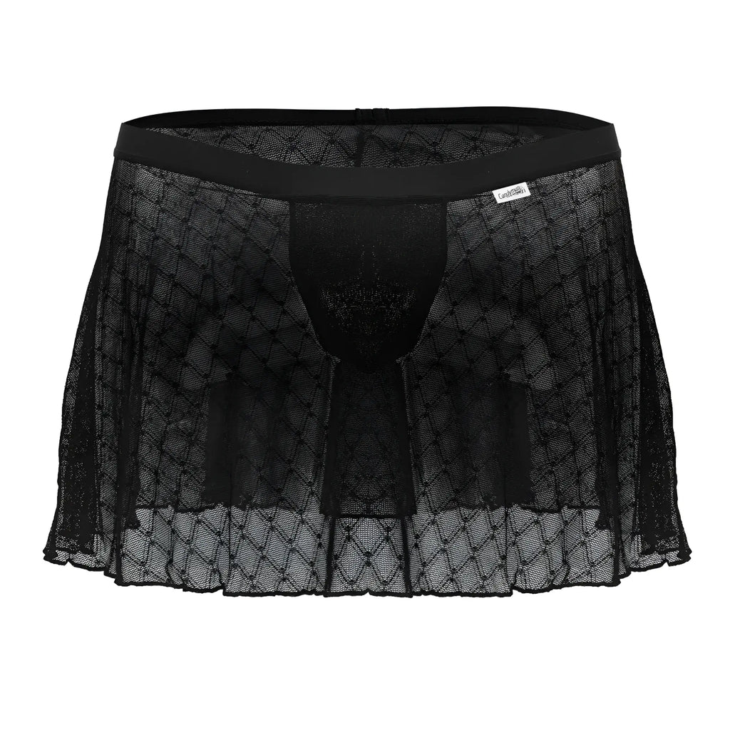 Black sheer lace men’s underwear with diamond pattern and elastic waistband candyMan 99813 mesh skirt black