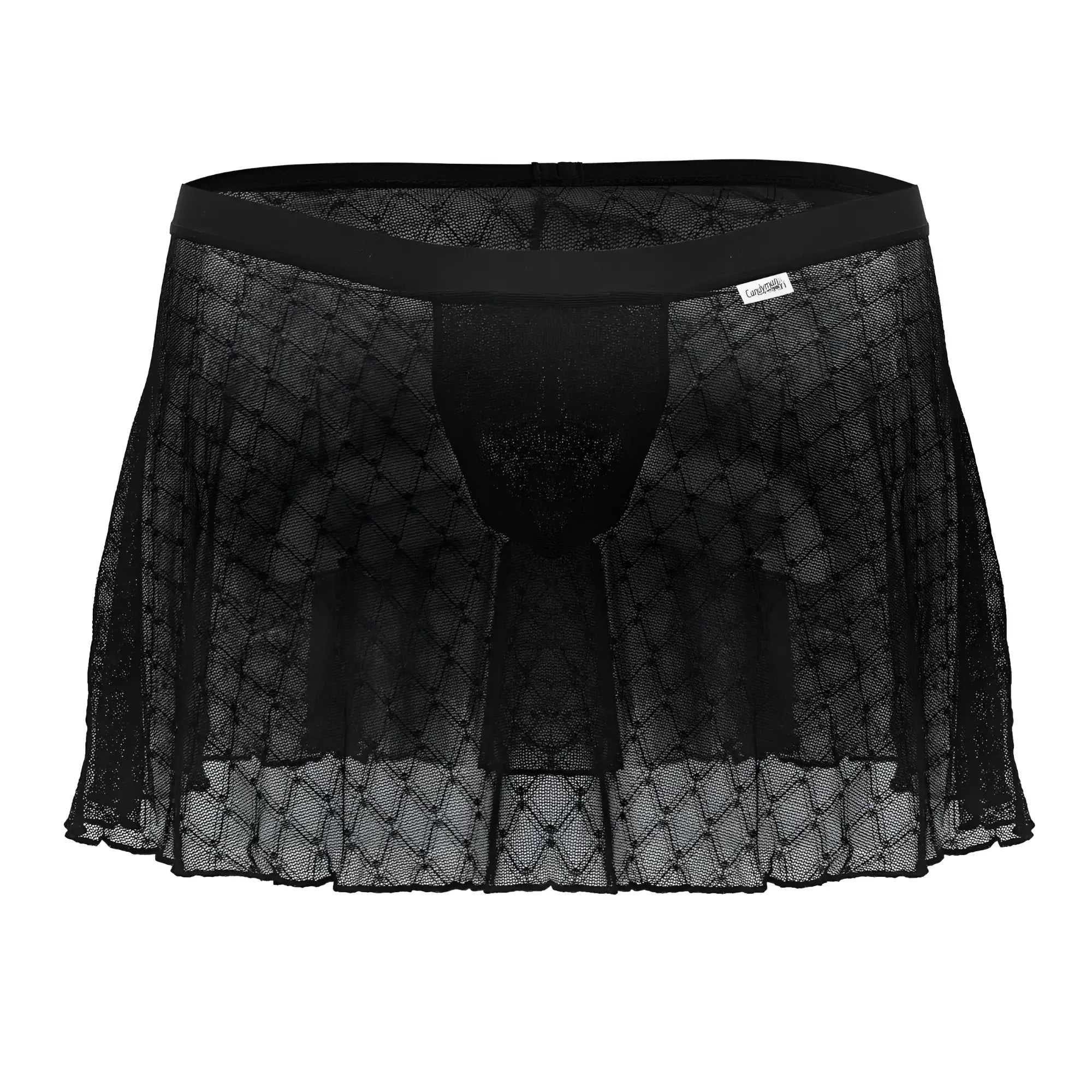 Black sheer lace men’s underwear with diamond pattern and elastic waistband candyMan 99813 mesh skirt black