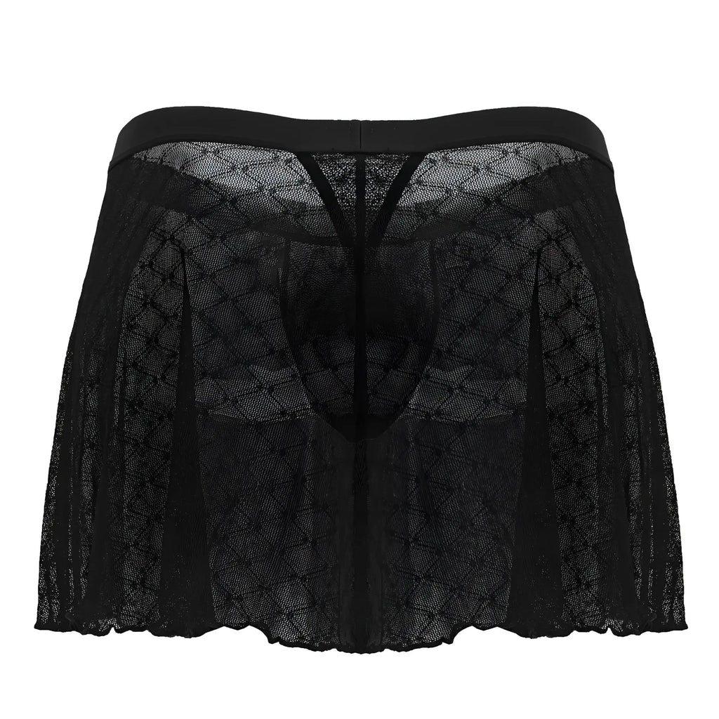 Black sheer lace men’s underwear with solid black waistband and intricate diamond mesh pattern candyMan 99813 mesh skirt black
