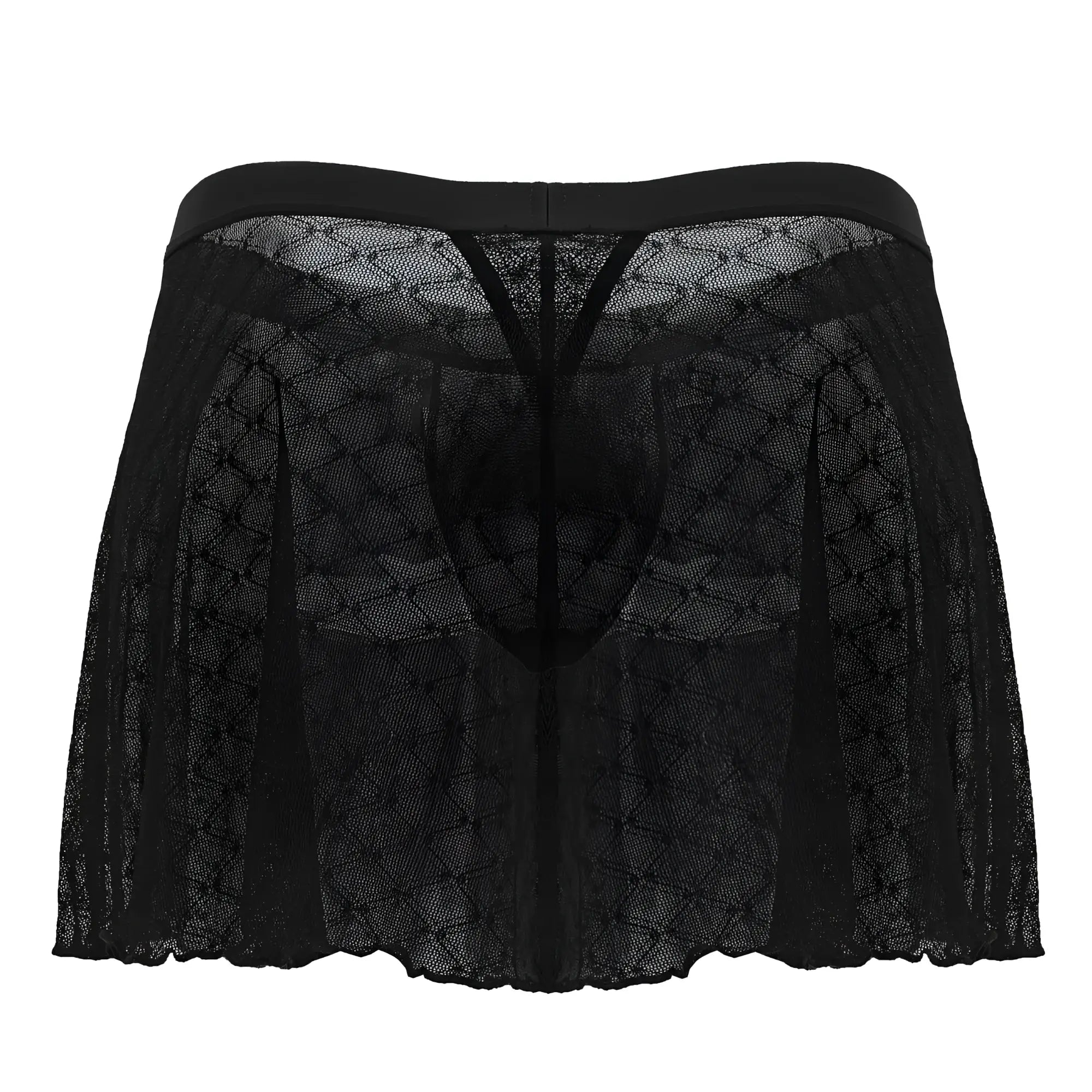 Black sheer lace men’s underwear with solid black waistband and intricate diamond mesh pattern candyMan 99813 mesh skirt black