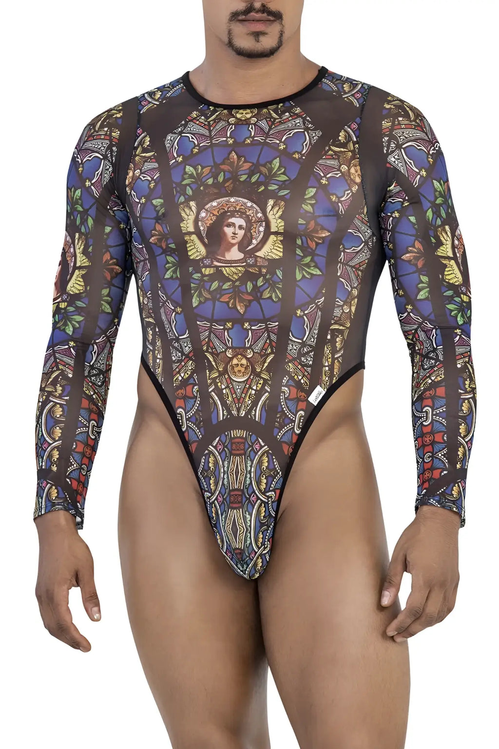 Candyman 99814 black stained glass bodysuit with long sleeves and intricate blue gold and brown patterns