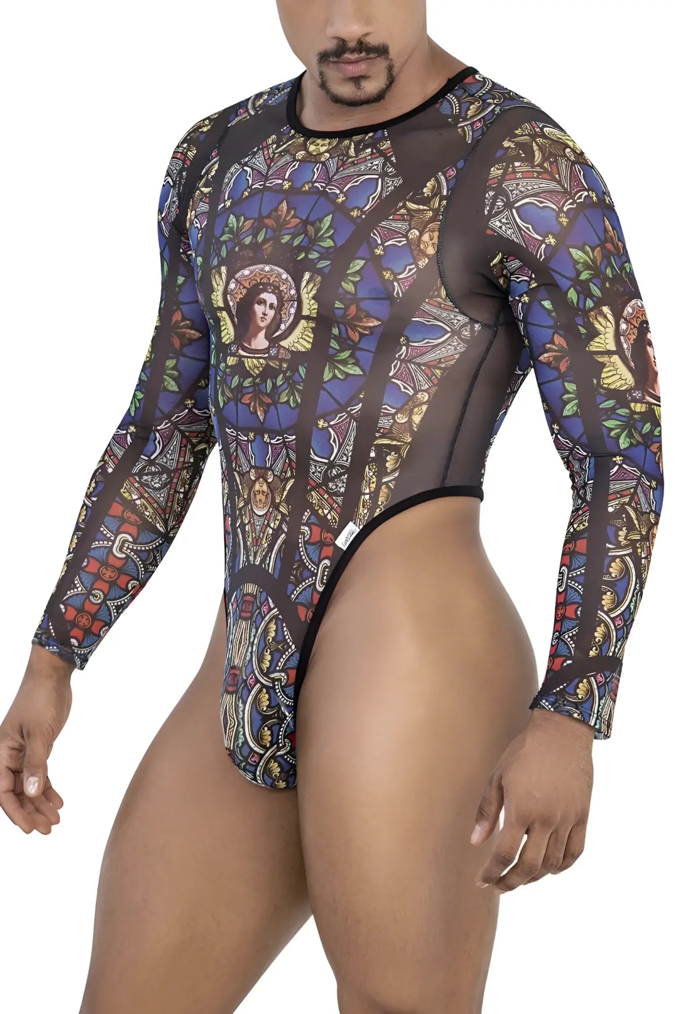 A men’s long-sleeved sheer mesh bodysuit in black with a colorful stained glass angel and floral print candyMan 99814