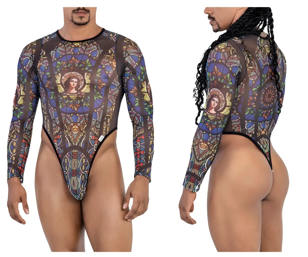Stylish long-sleeved candyMan 99814 stained glass bodysuit in black print with vibrant blues golds and greens on sheer mesh