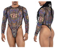 Stylish long-sleeved candyMan 99814 stained glass bodysuit in black print with vibrant blues golds and greens on sheer mesh