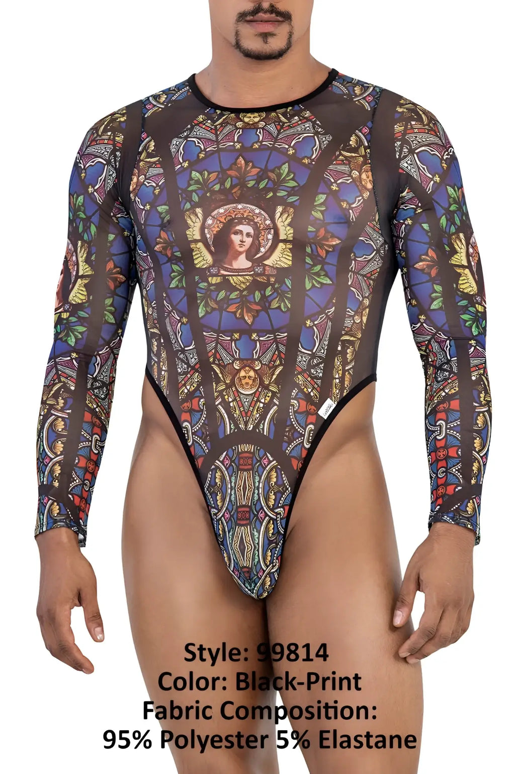 CandyMan 99814 black-print bodysuit with stained glass window design featuring vibrant blue purple gold and green patterns