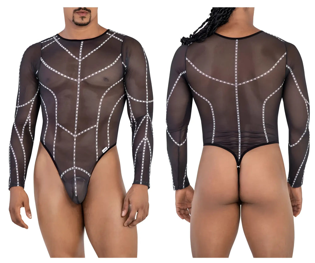 Black sheer long-sleeved mesh bodysuit with white chain detailing candyMan 99816 for stylish layering