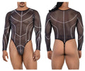 Black sheer long-sleeved mesh bodysuit with white chain detailing candyMan 99816 for stylish layering
