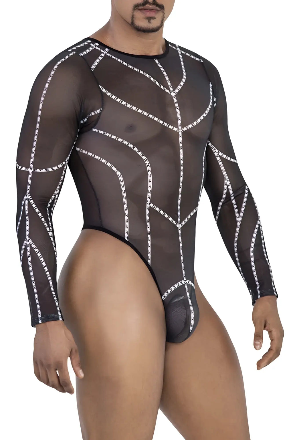 Black sheer long-sleeved mesh bodysuit with white chain trim forming geometric pattern candyMan 99816