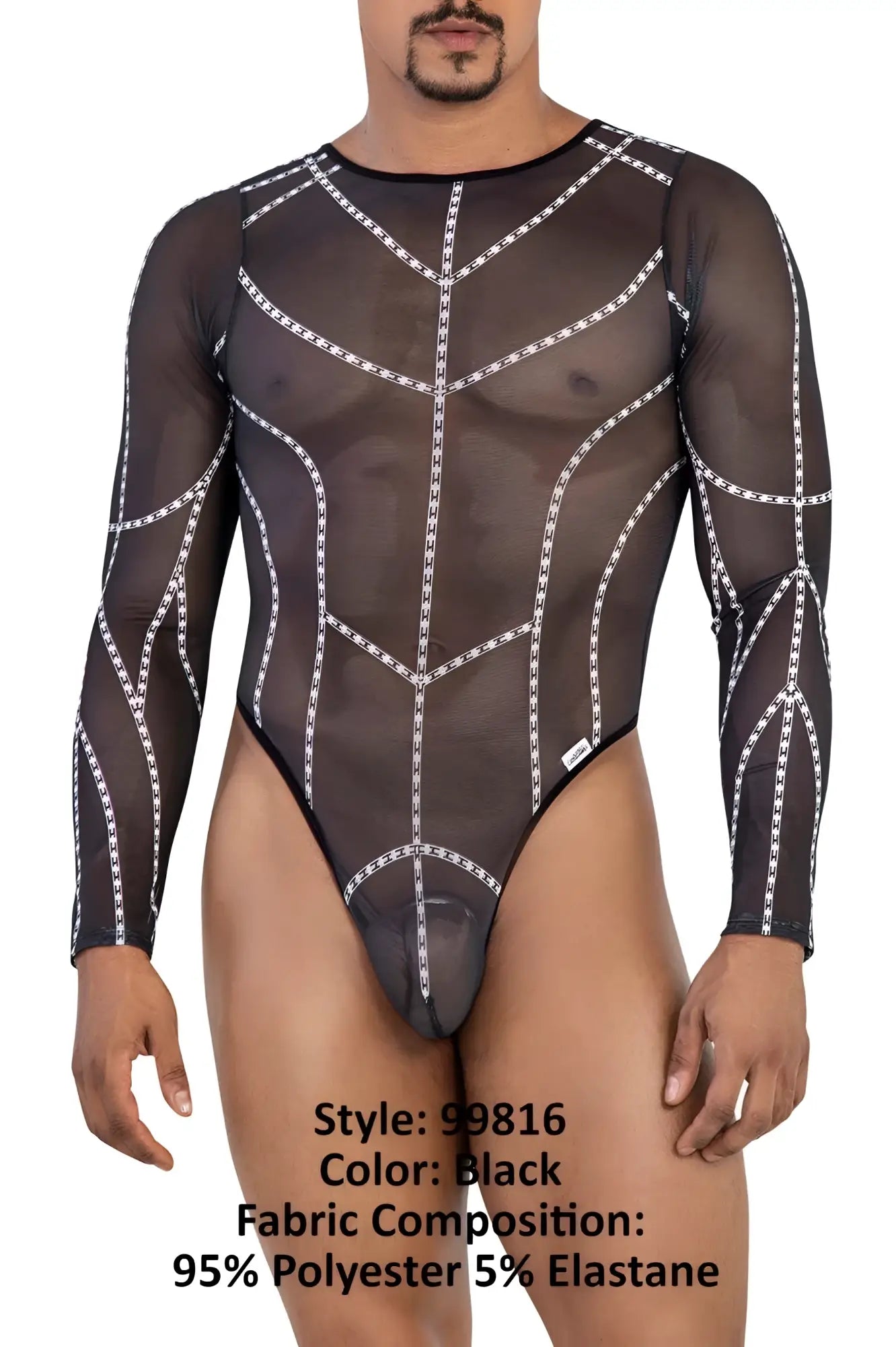 Black candyMan 99816 mesh bodysuit with white chain-like embroidery detailing in sheer fabric