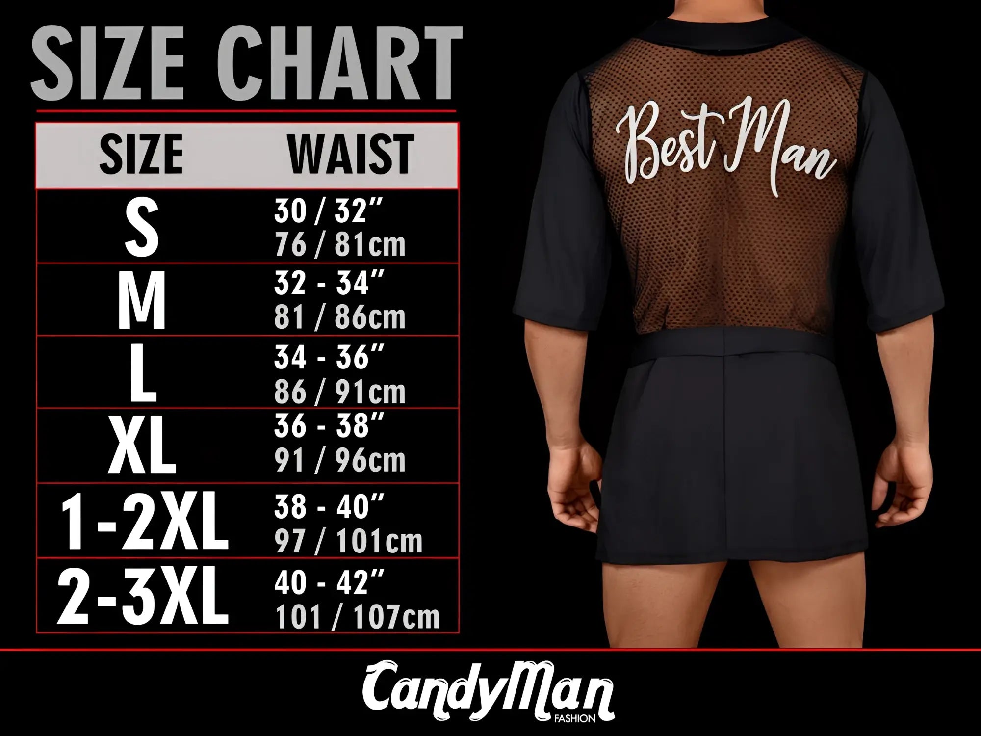 Black candyMan 99816 mesh bodysuit with best man embroidery worn over matching short-sleeved shirt and shorts