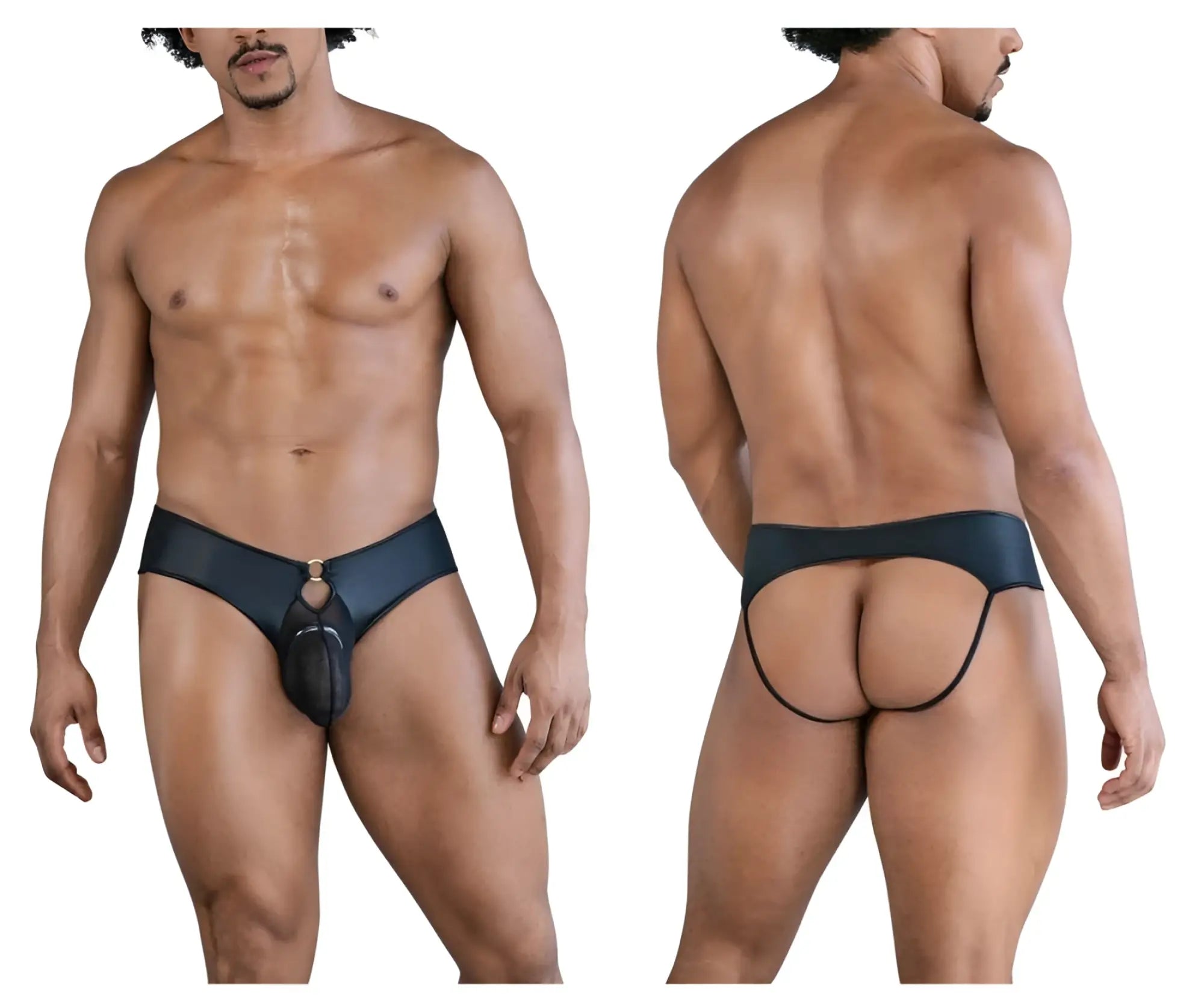 Black leather-like men’s briefs candyMan 99817 bulge jockstrap with central pouch and gold-tone hardware