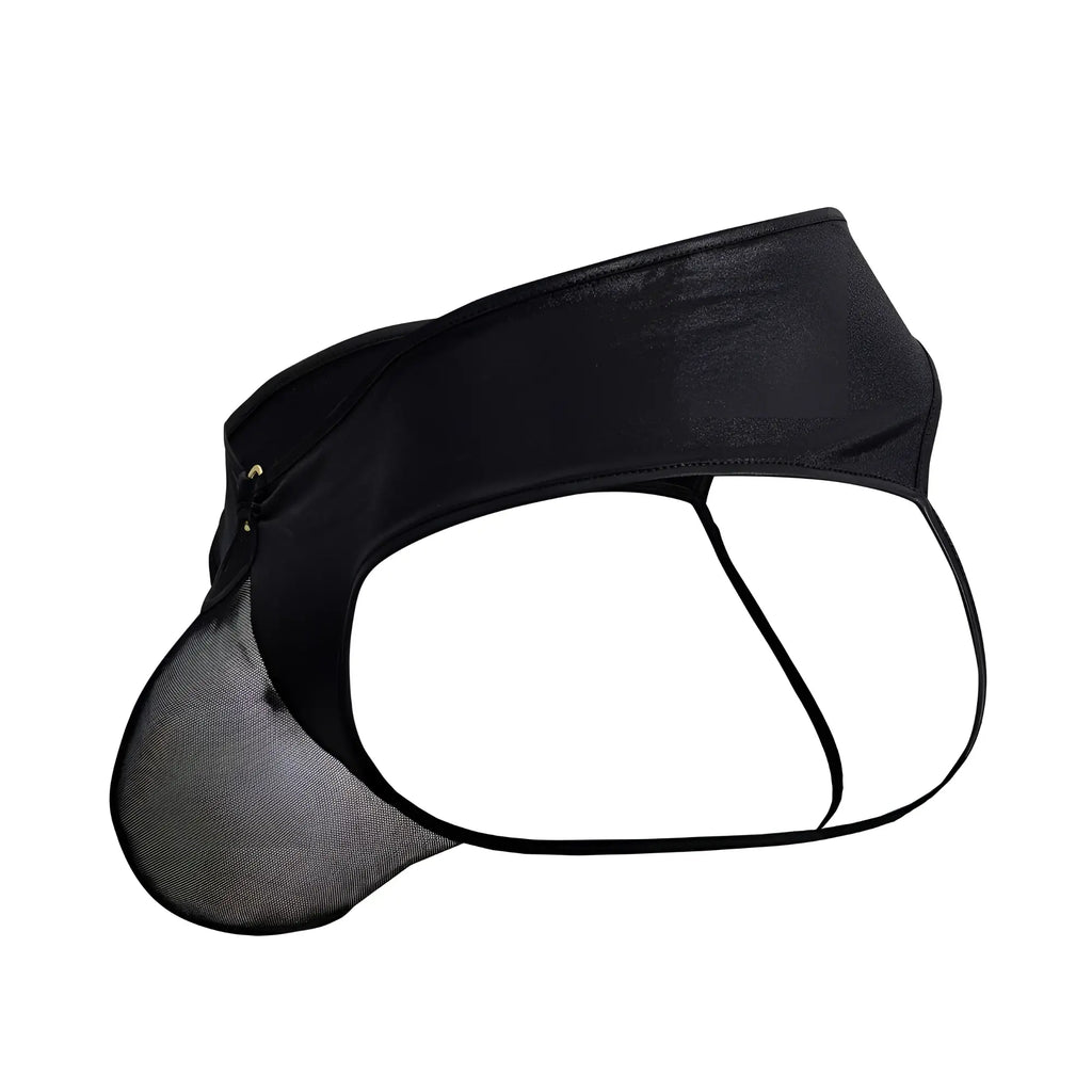 Black mesh and satin CandyMan 99817 bulge jockstrap briefs with sleek modern design in black color
