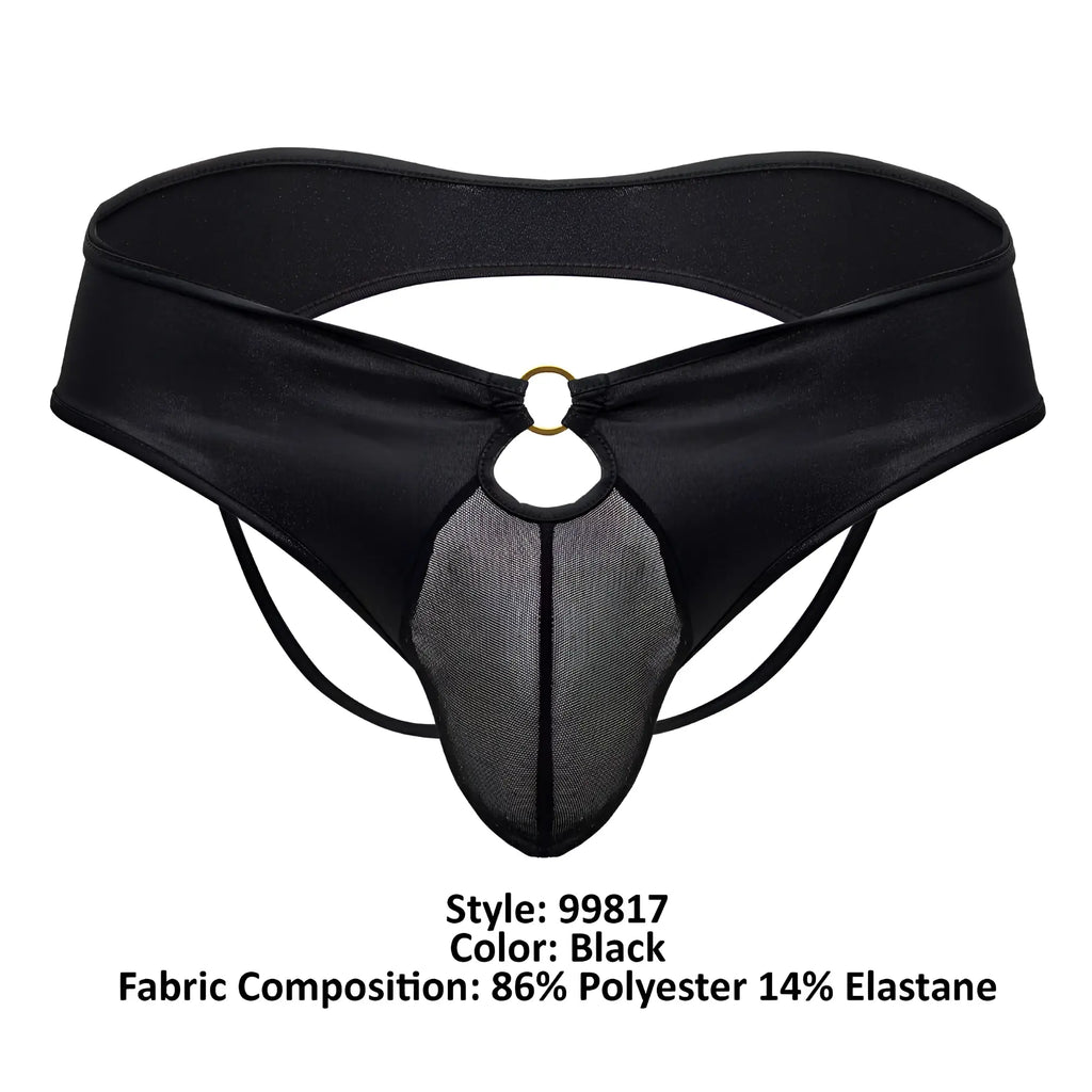 Black satin-like fabric candy man 99817 bulge jockstrap thong with mesh panel and gold-toned ring detail