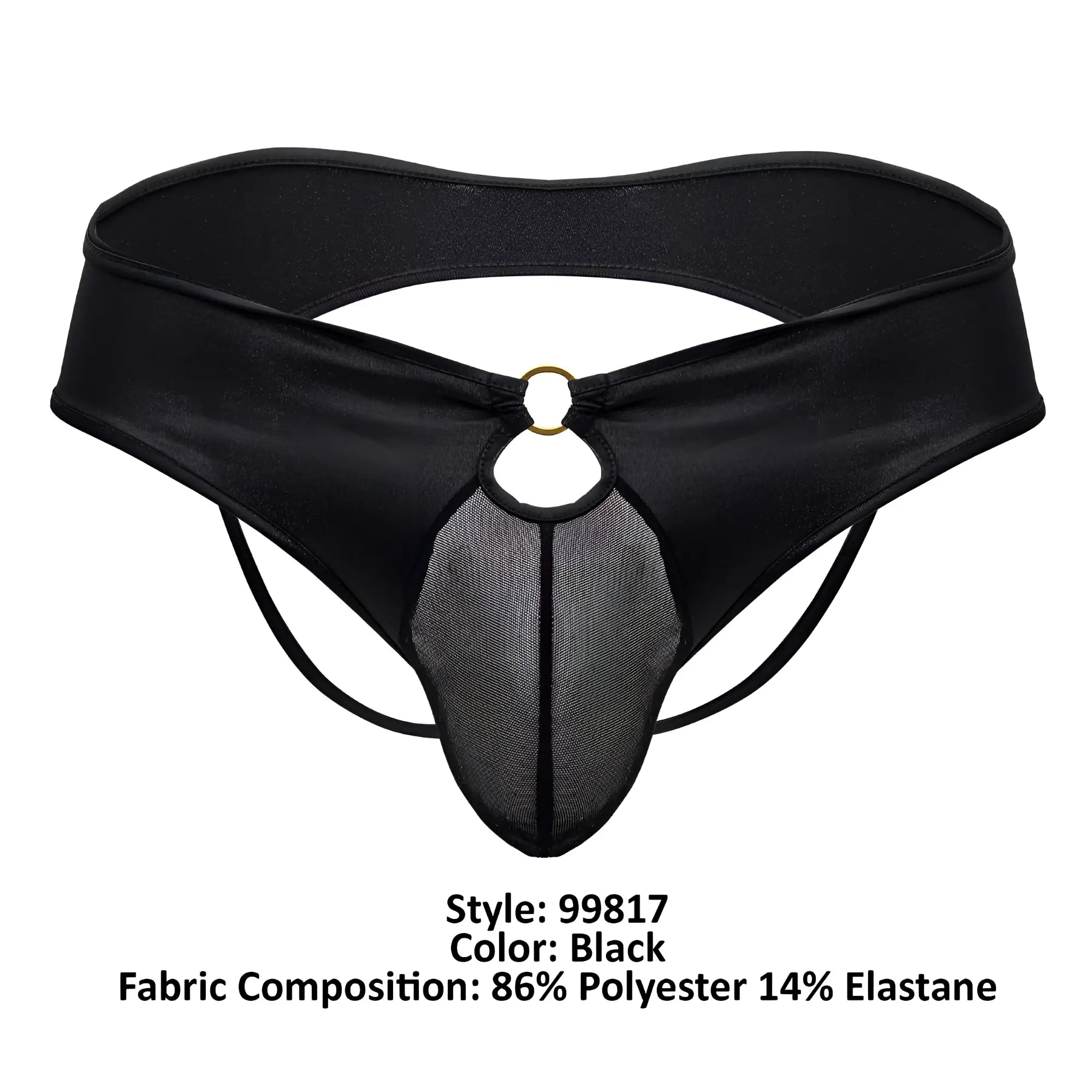 Black satin-like fabric candy man 99817 bulge jockstrap thong with mesh panel and gold-toned ring detail