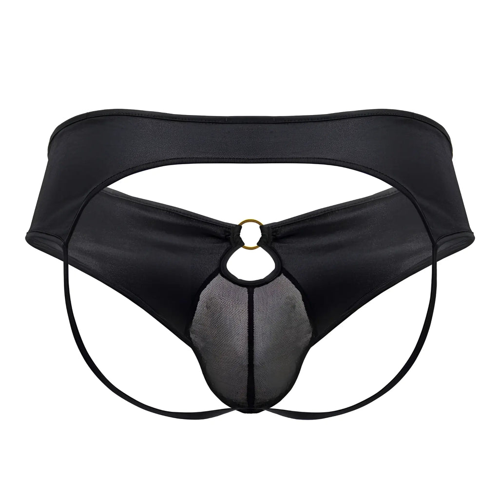 Black satin-like candyMan 99817 bulge jockstrap with mesh panel and gold-toned ring detail