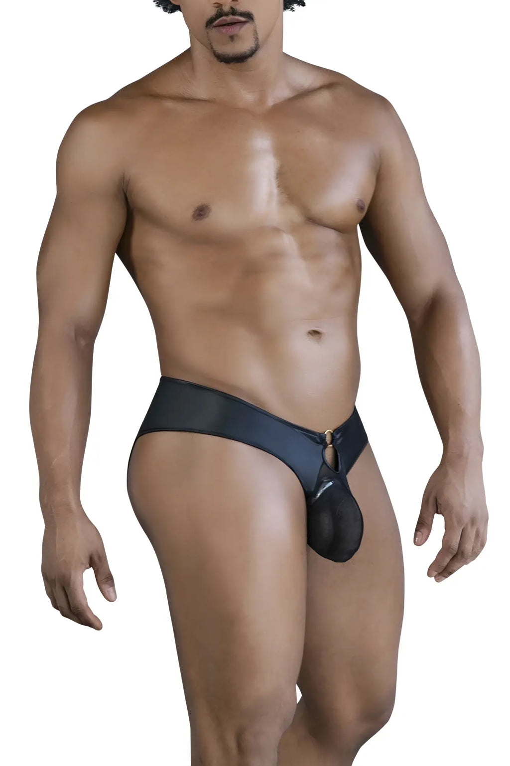 Black satin-like mens thong with central pouch and gold-tone hardware candyMan 99817 bulge jockstrap color black
