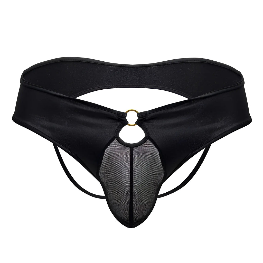 CandyMan 99817 bulge jockstrap black satin thong with mesh panel and gold-toned ring at front