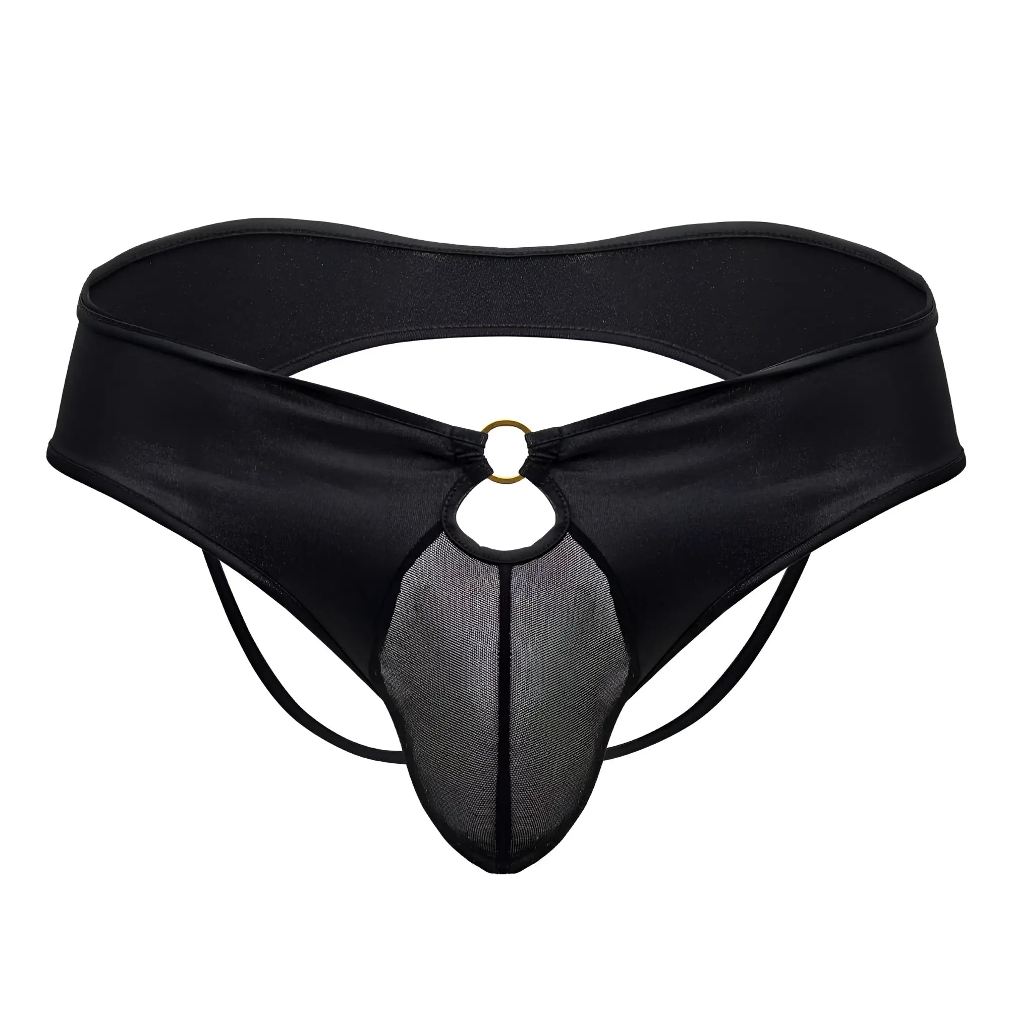 CandyMan 99817 bulge jockstrap black satin thong with mesh panel and gold-toned ring at front
