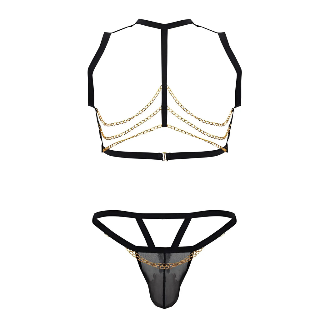 Black and gold chain-embellished mesh lingerie two piece outfit candy man 99818 in black color