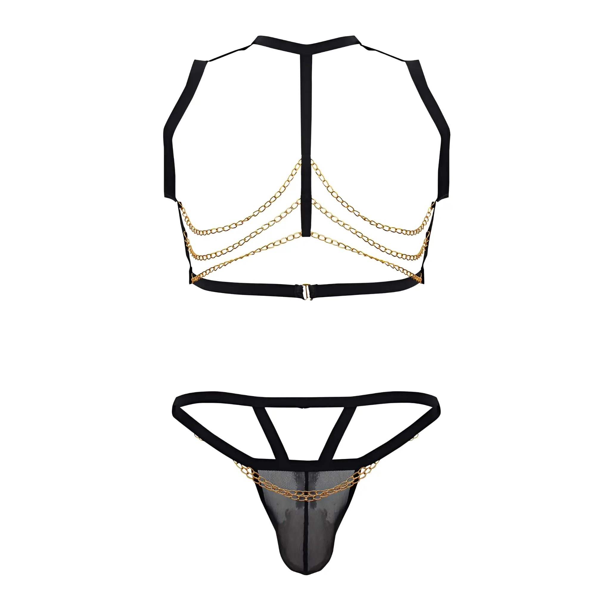 Black and gold chain-embellished mesh lingerie two piece outfit candy man 99818 in black color