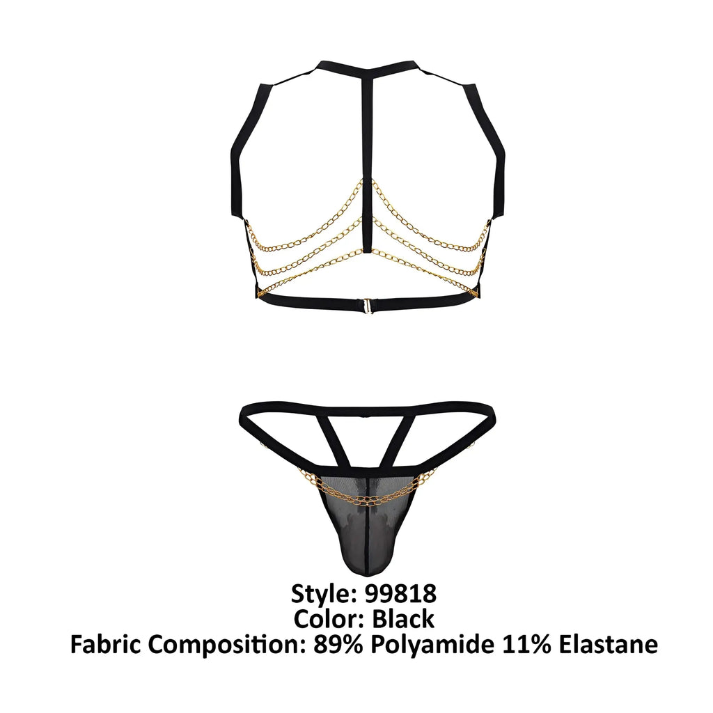 Black mesh candyMan 99818 two piece lingerie set with backless top and gold chain detailing showing the back side