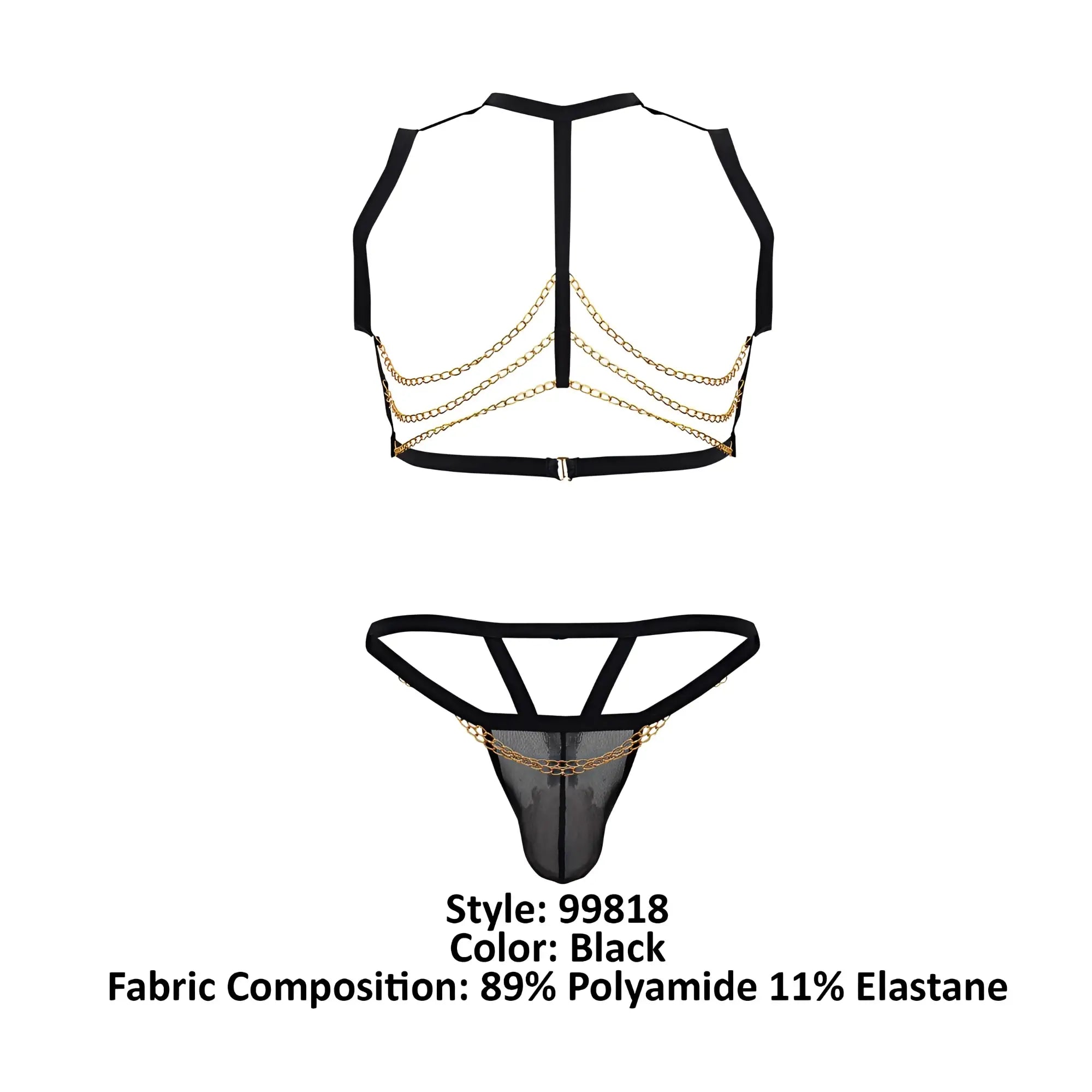 Black mesh candyMan 99818 two piece lingerie set with backless top and gold chain detailing showing the back side