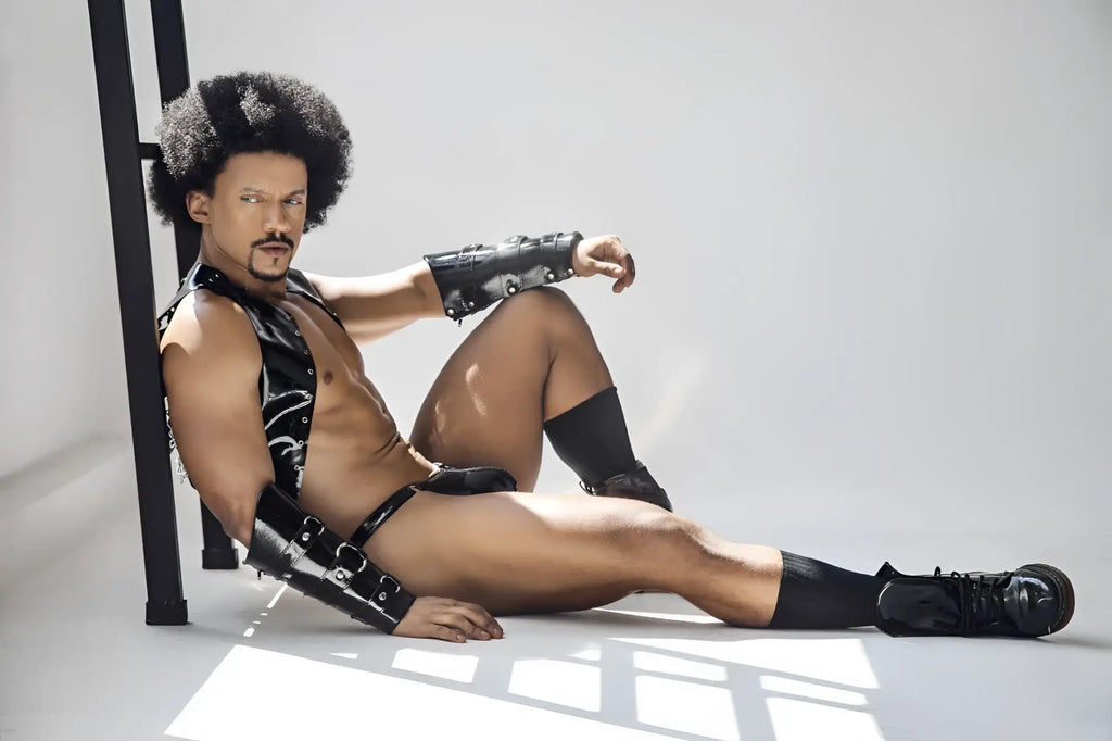 Black leather arm and leg bracers with silver hardware from candyman 99819 dom thongs color gloss black collection