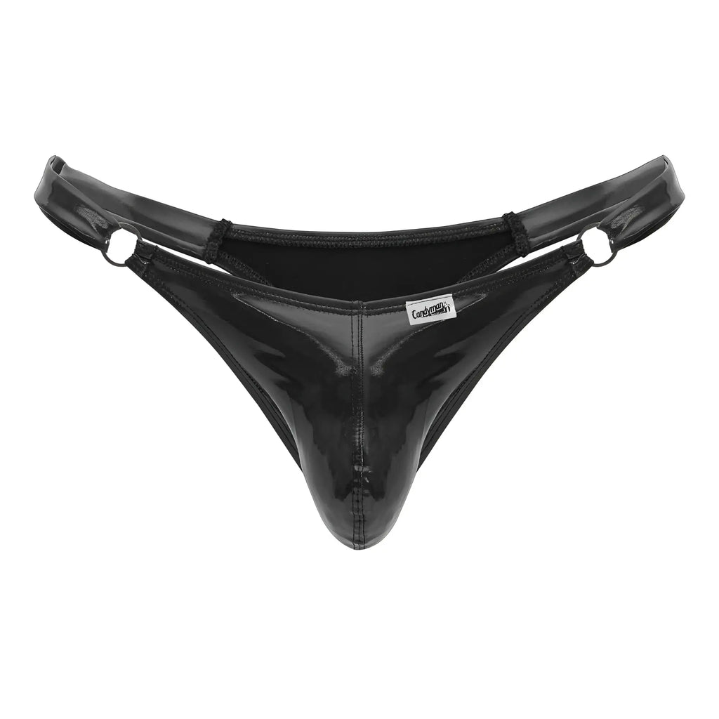CandyMan 99819 dom thong in gloss black patent leather with glossy finish and reinforced metal rings at waistband