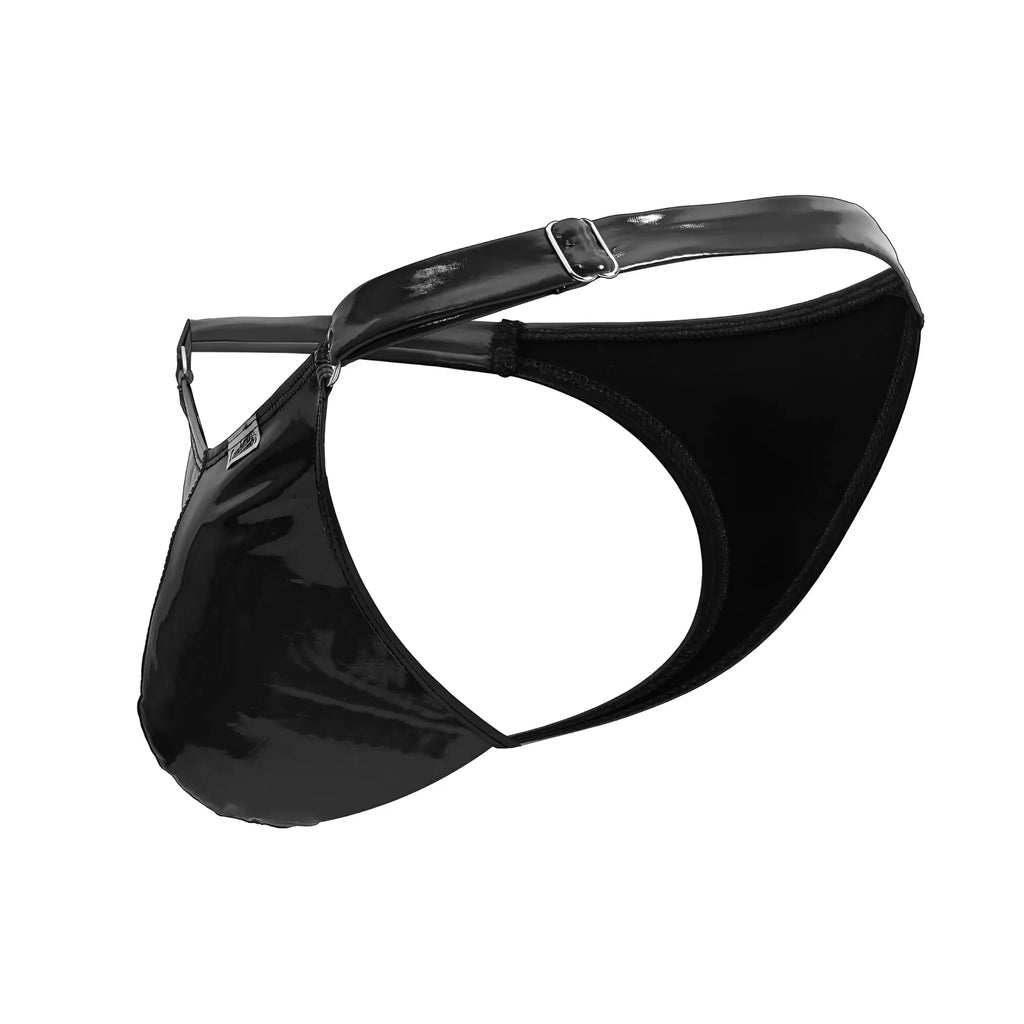 Black patent leather thong with silver buckle and adjustable strap from Candyman 99819 dom thongs in gloss black
