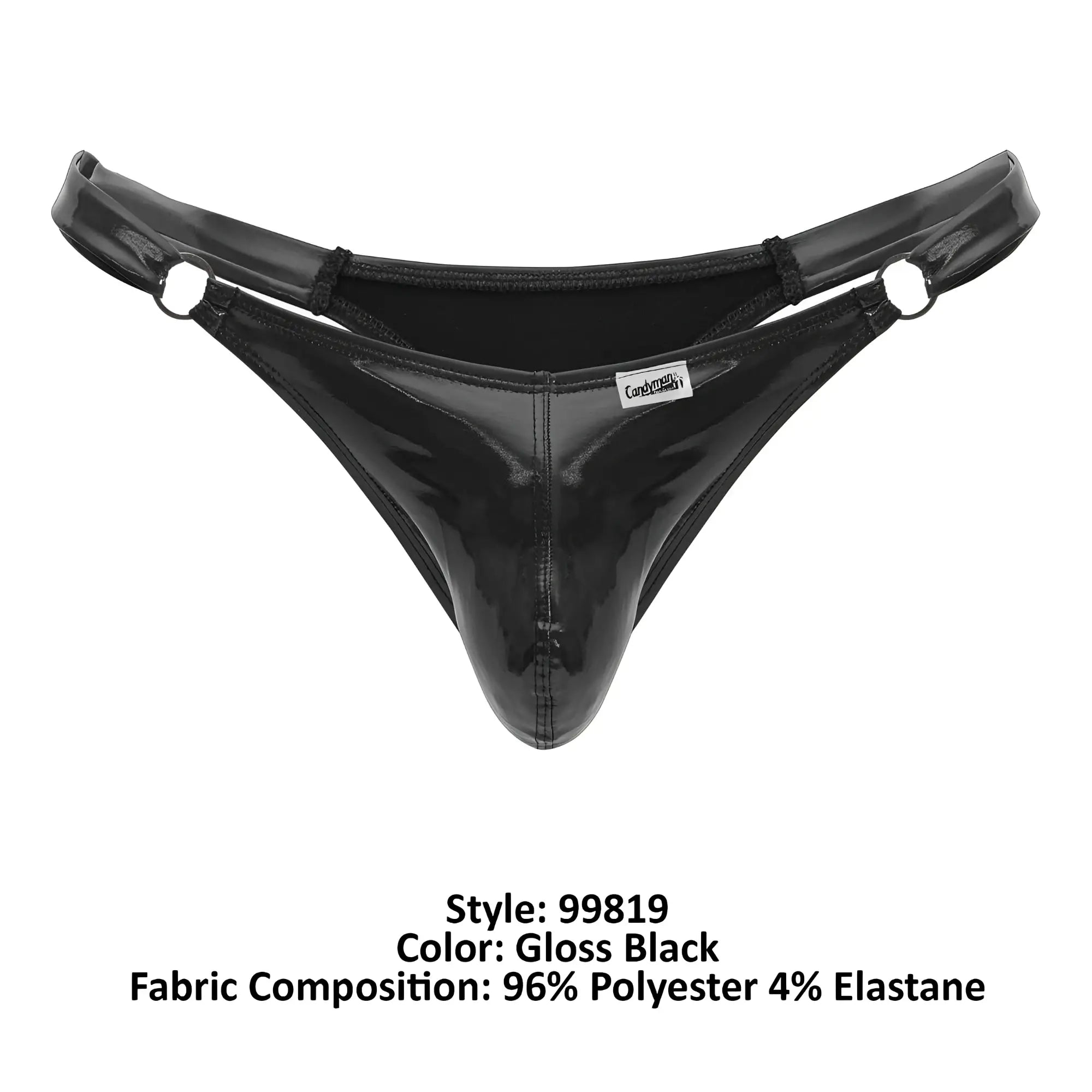 Gloss black CandyMan 99819 dom thong made of shiny stretchy polyester and elastane blend front view
