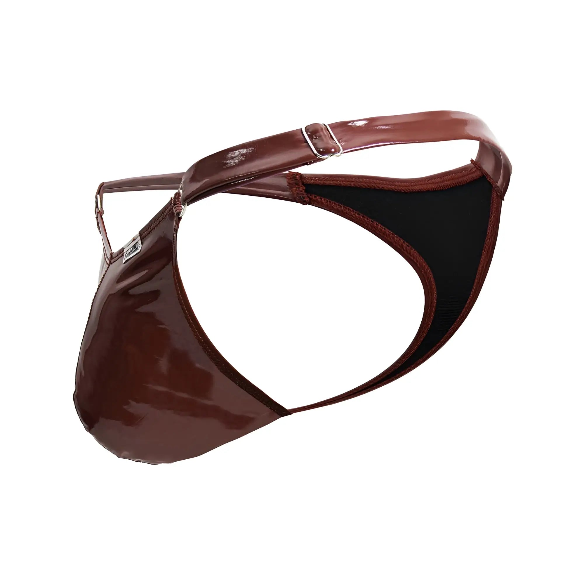 Brown patent leather candy man 99819 dom thong with black interior lining and adjustable strap in gloss wine color