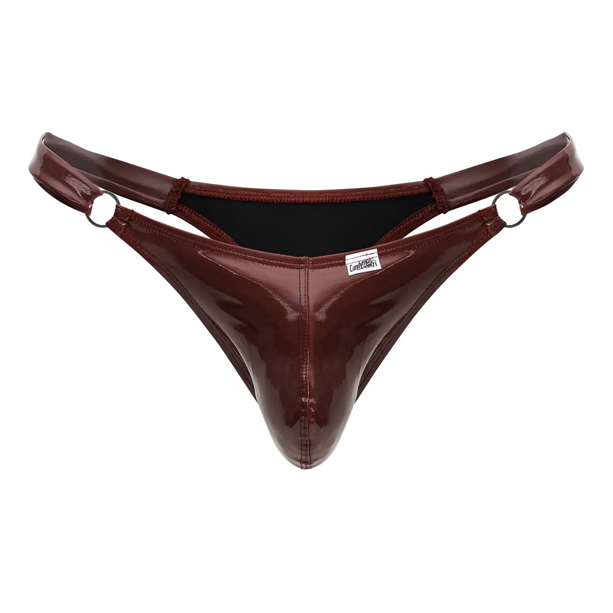 A candyMan 99819 dom thong in glossy burgundy patent leather with black lining and metal rings at the sides