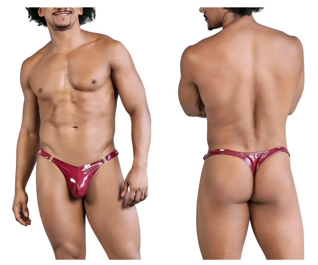 Shiny red patent leather thong with metallic buckle accents in gloss wine from candyman 99819 dom thongs collection