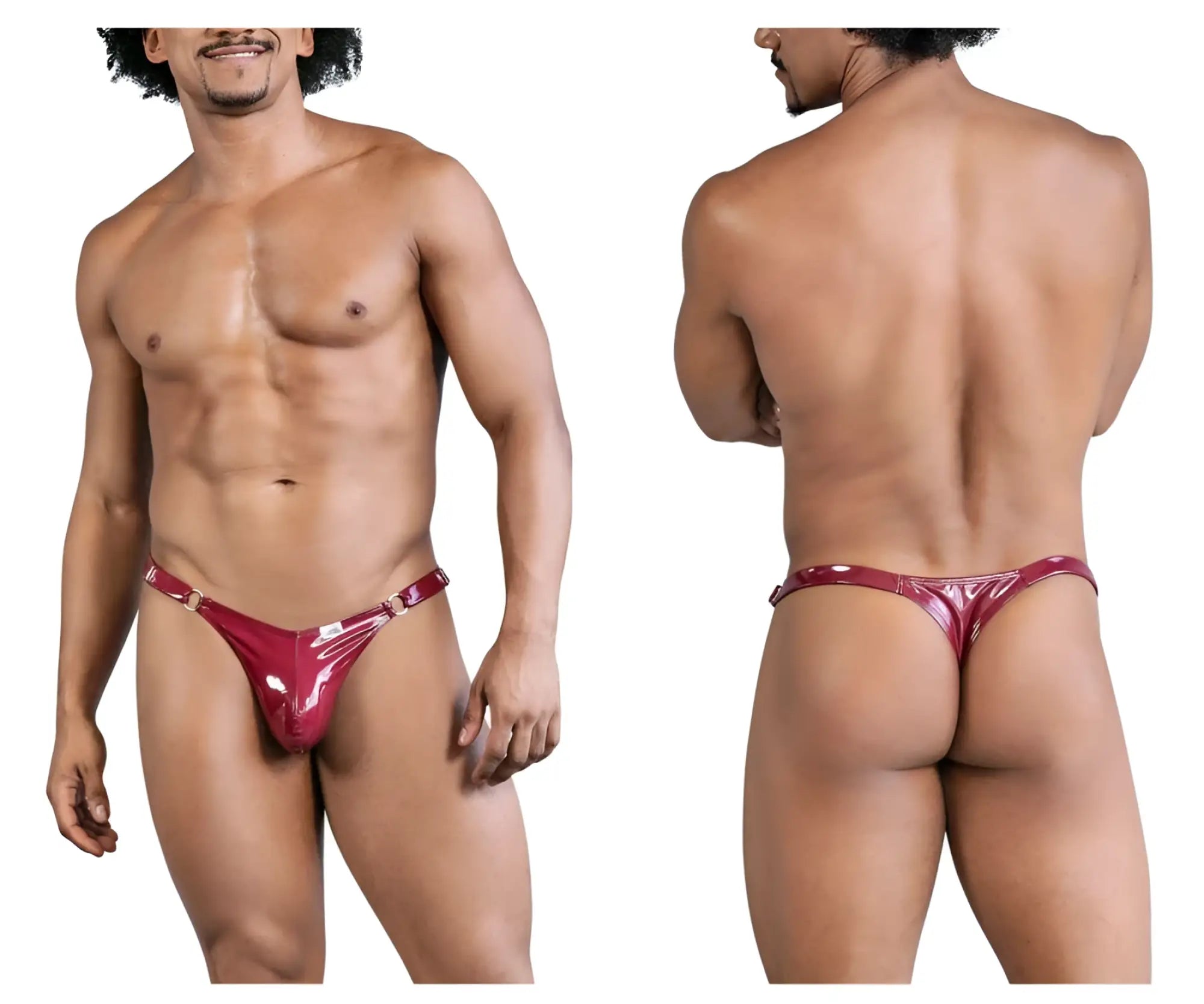 Shiny red patent leather thong with metallic buckle accents in gloss wine from candyman 99819 dom thongs collection