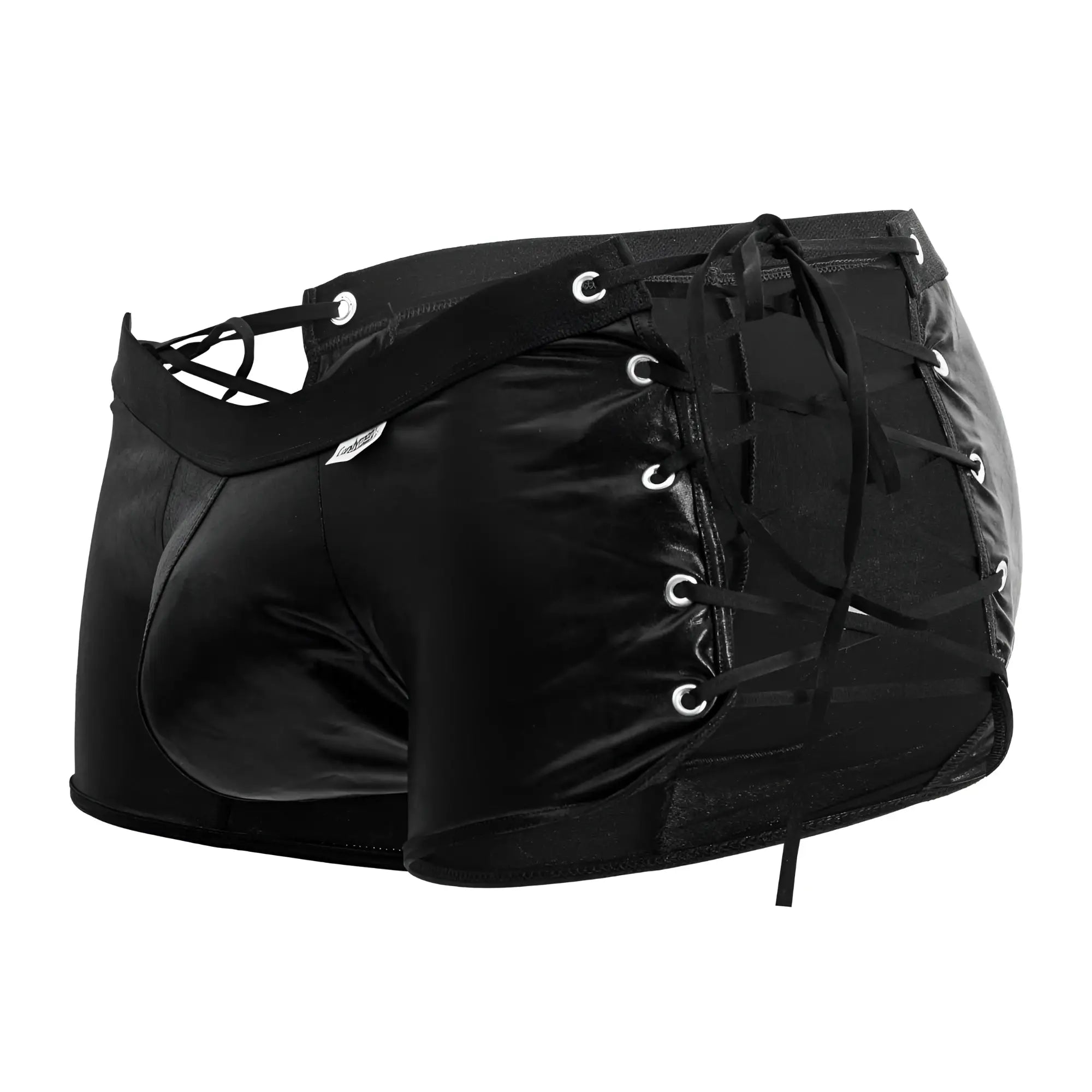 Black patent leather lace-up shorts with silver grommets high-waisted design candyMan 99820 side-tie trunks
