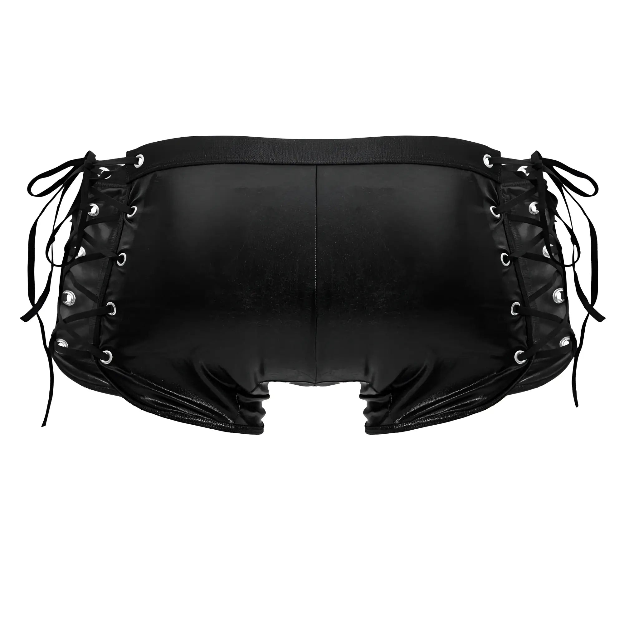 Black candyMan 99820 patent leather lace-up shorts with silver grommets and tied side straps front view
