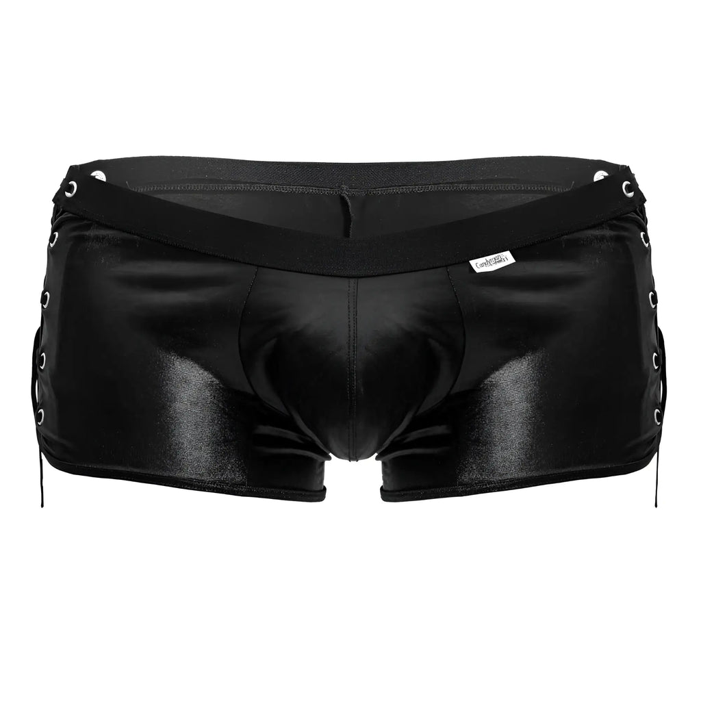 CandyMan 99820 side-tie trunks black patent leather lace-up briefs with glossy finish and silver-toned eyelets