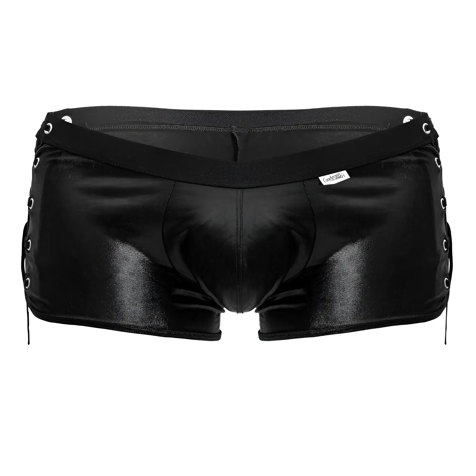 CandyMan 99820 side-tie trunks black patent leather lace-up briefs with glossy finish and silver-toned eyelets