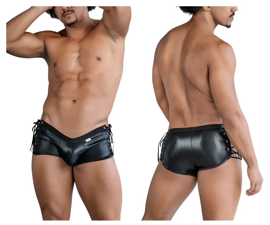 Black shiny faux leather men’s briefs with lace-up sides and silver eyelets candyman 99820 side-tie trunks
